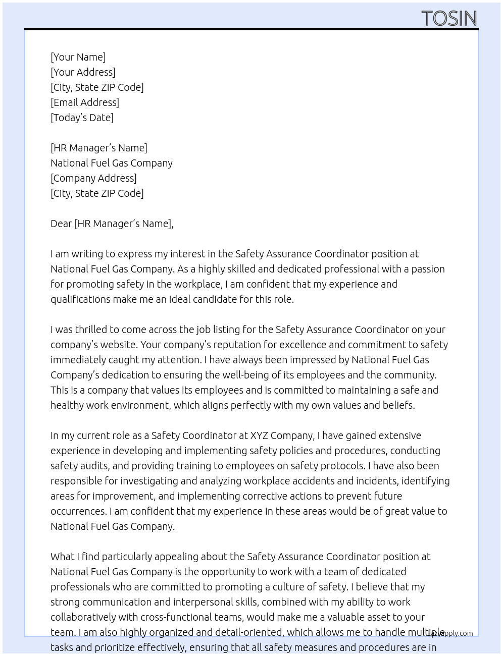 Safety Assurance Coordinator At National Fuel Gas Company Cover Letter