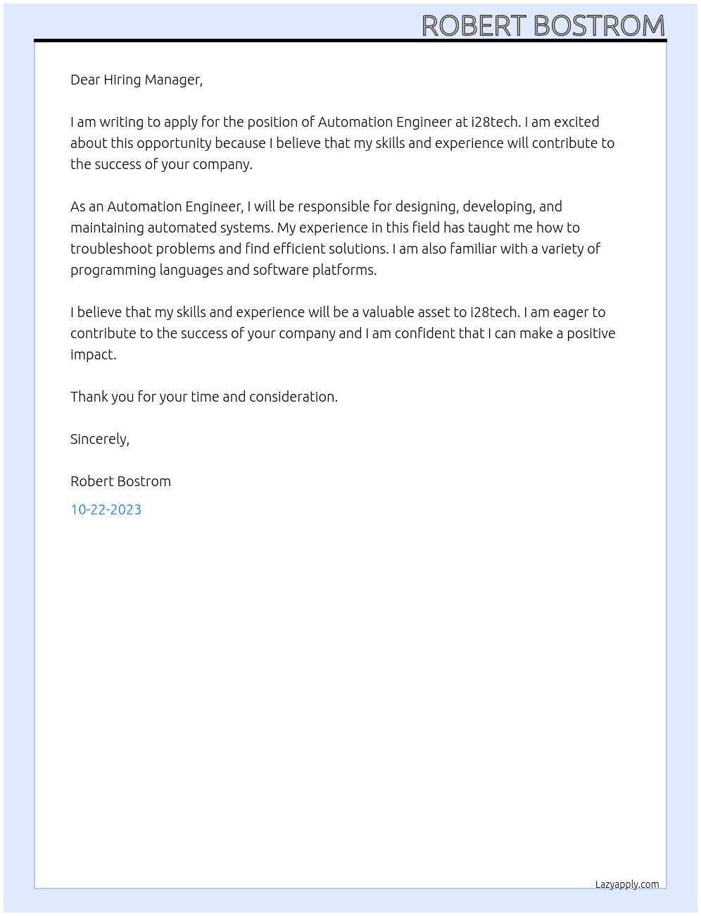 Automation Engineer At i28tech Cover Letter
