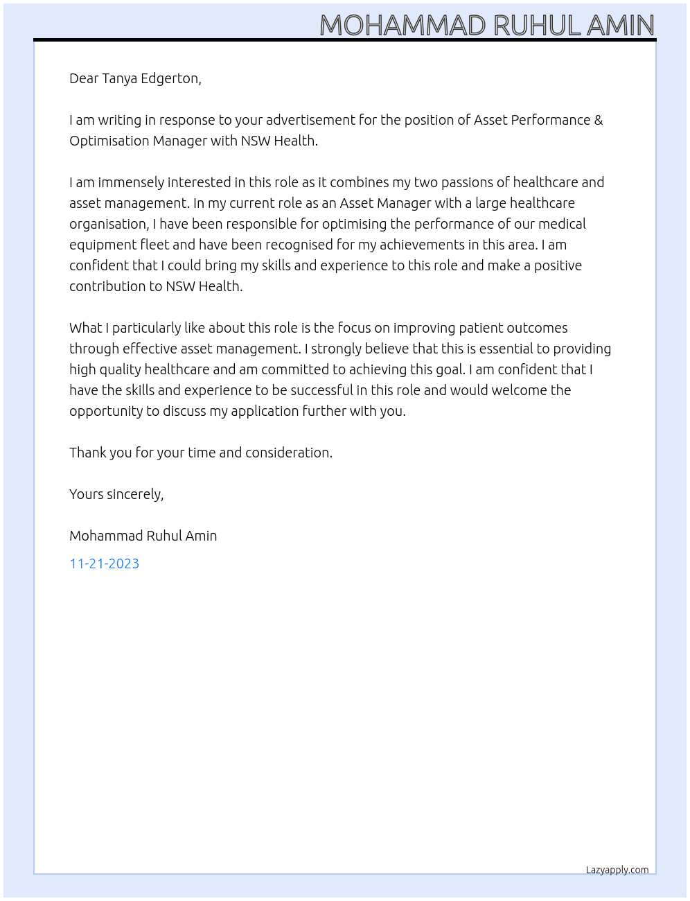 Asset Performance & Optimisation Manager At NSW Health Cover Letter