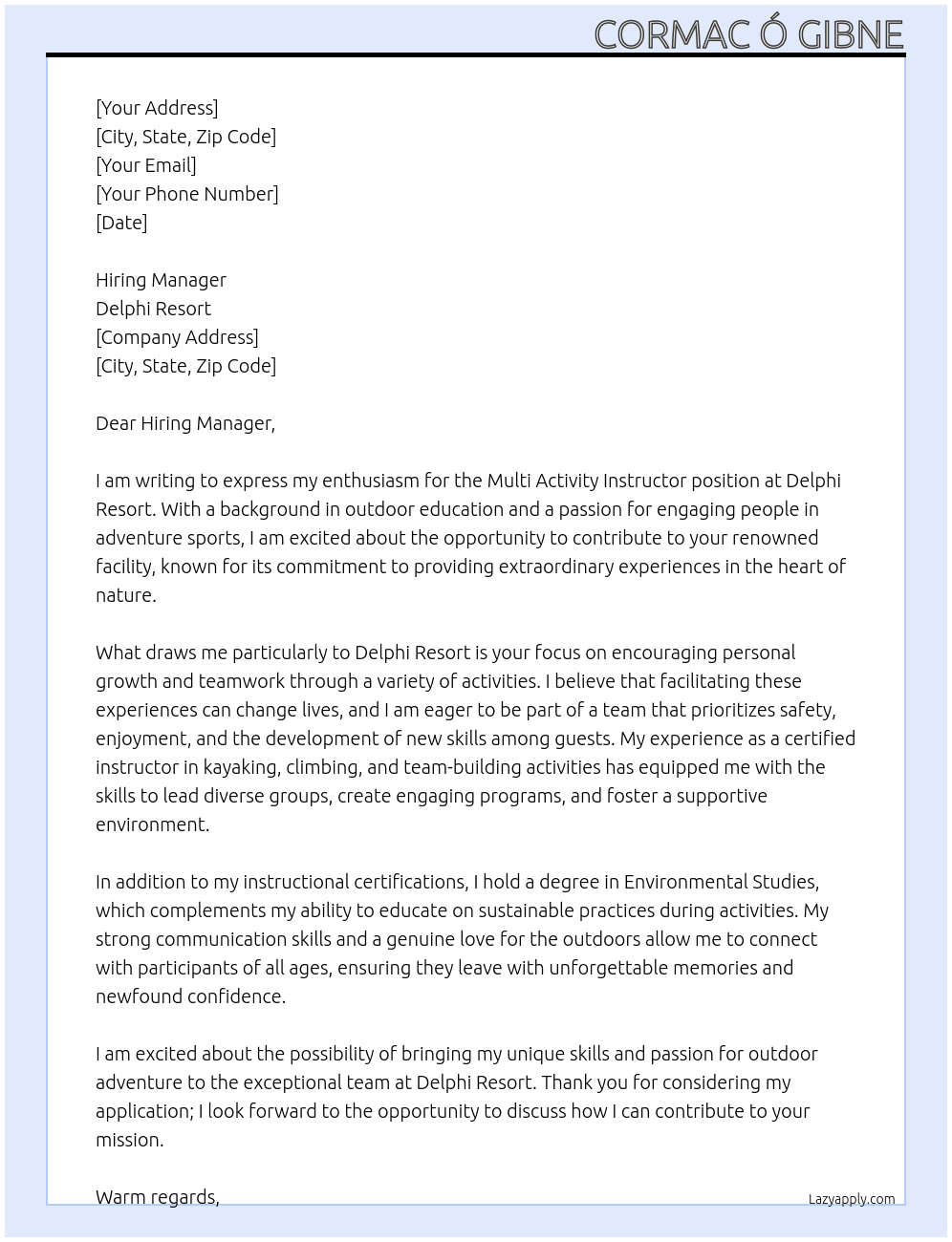 Cover letter for multi activity instructor - LazyApply