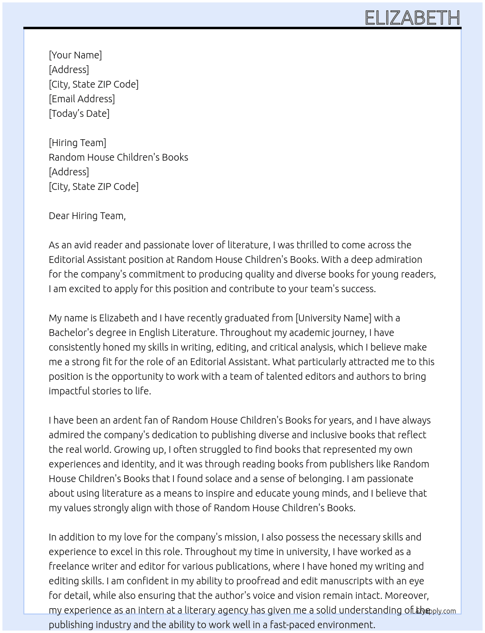 Editorial Assistant At Random House Children's Books  Cover Letter