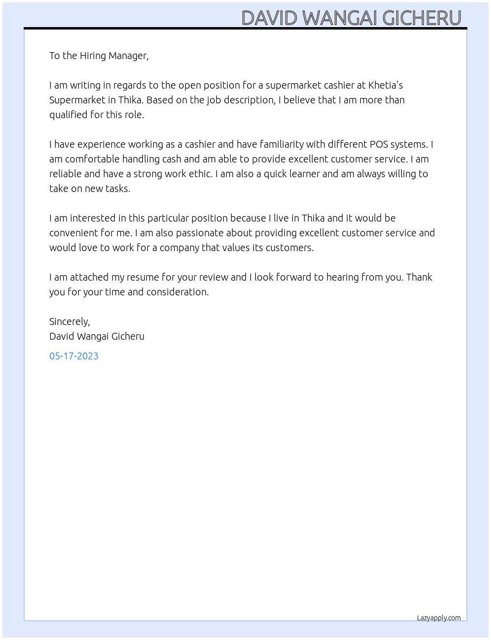 Supermarket Cashier At Khetia's Supermarket, Thika Cover Letter
