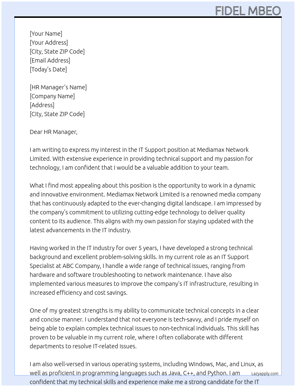 IT Support At Mediamax Network Limited Cover Letter