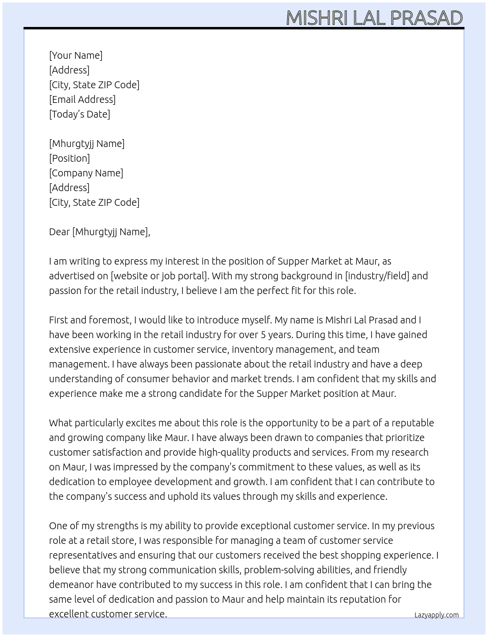 Supper market At Maur Cover Letter