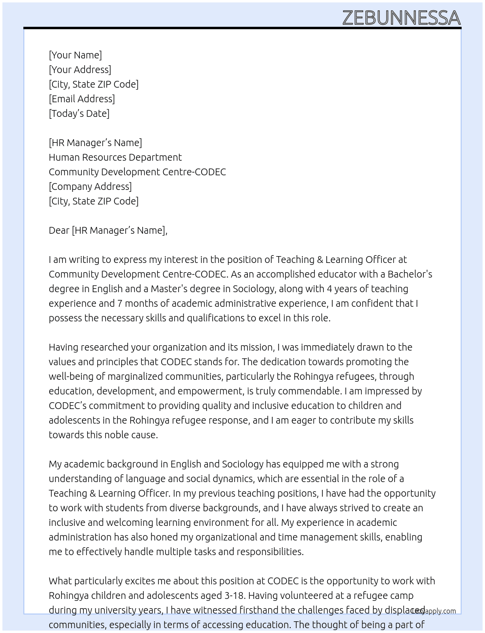 Teaching & Learning Officer At Community Development Centre-CODEC Cover Letter