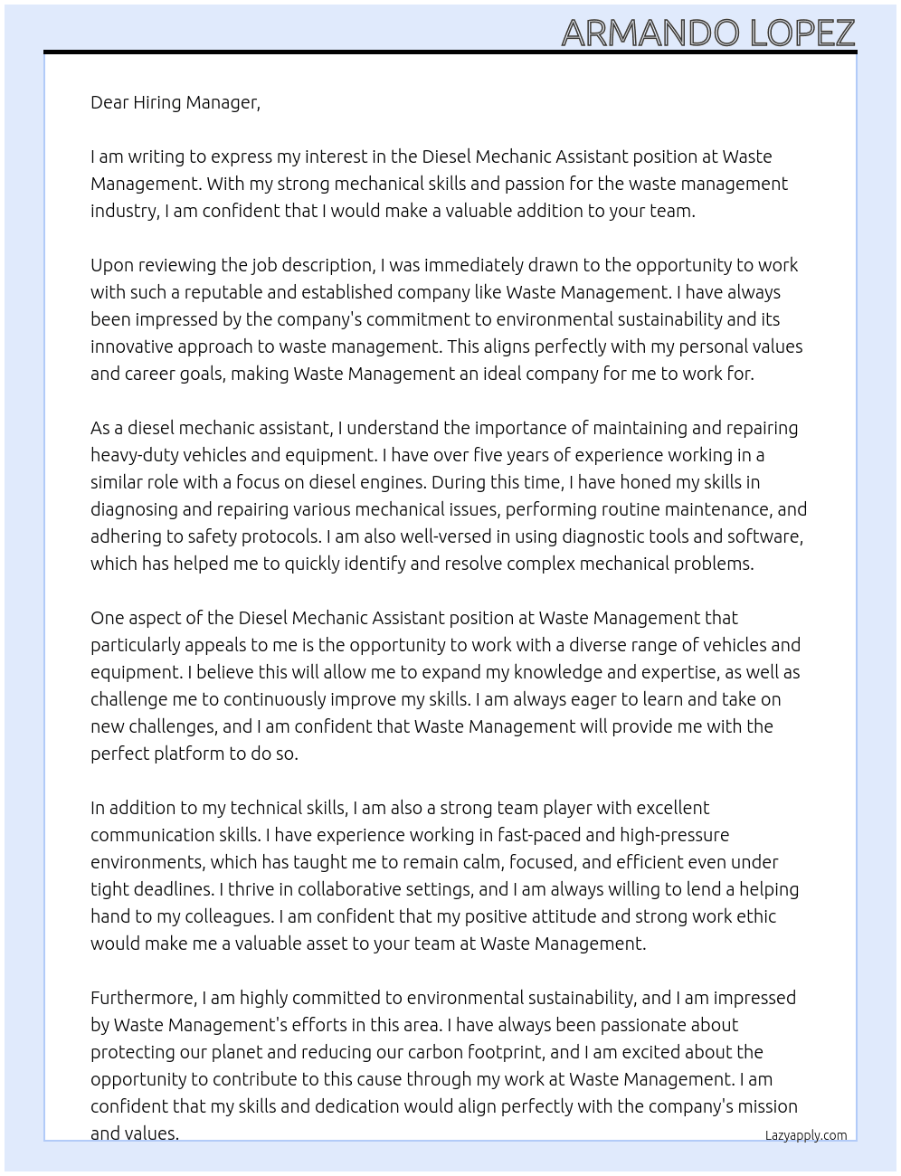 Diesel mechanic assistant  At Waste management  Cover Letter