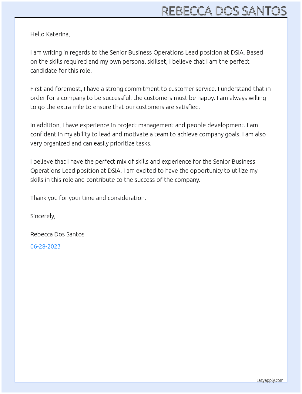 Senior Business Operations Lead At DSIA Cover Letter