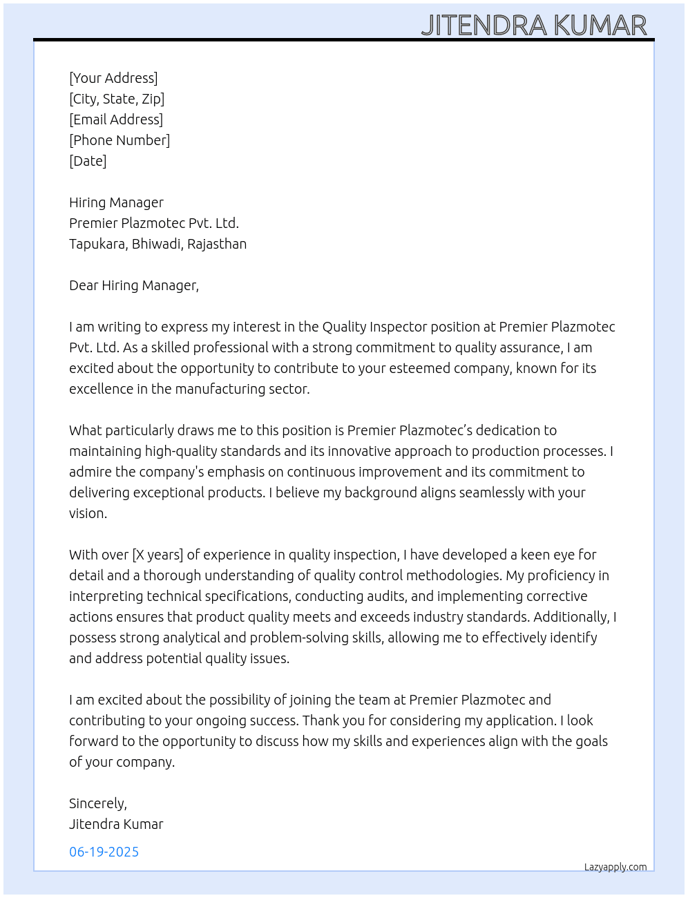 Quality inspector  At Premier plazmotec pvt ltd tapukara, bhiwadi (Raj.) Cover Letter