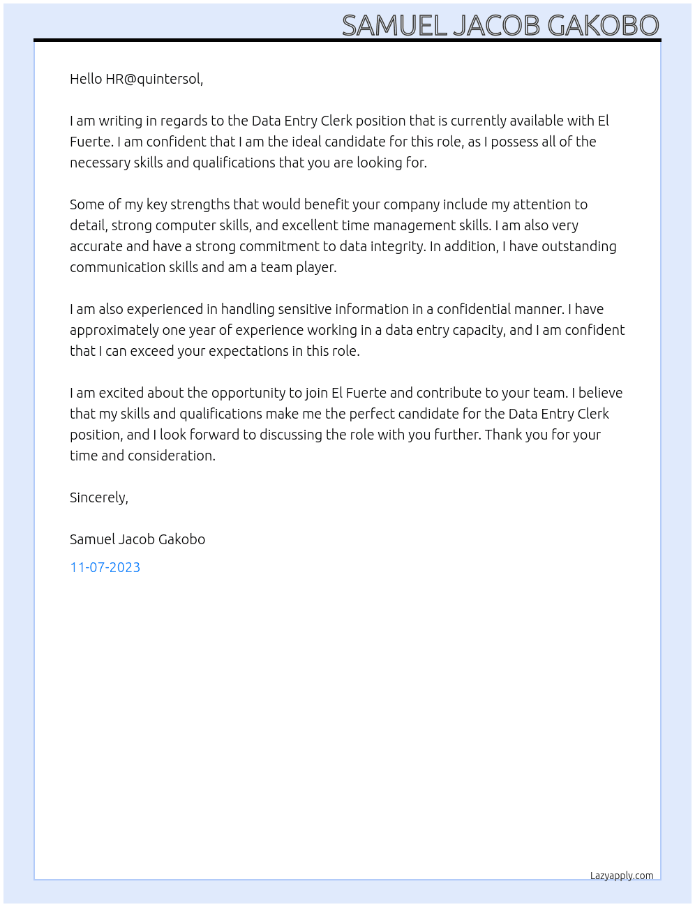 Data Entry clerk At El Fuerte Cover Letter