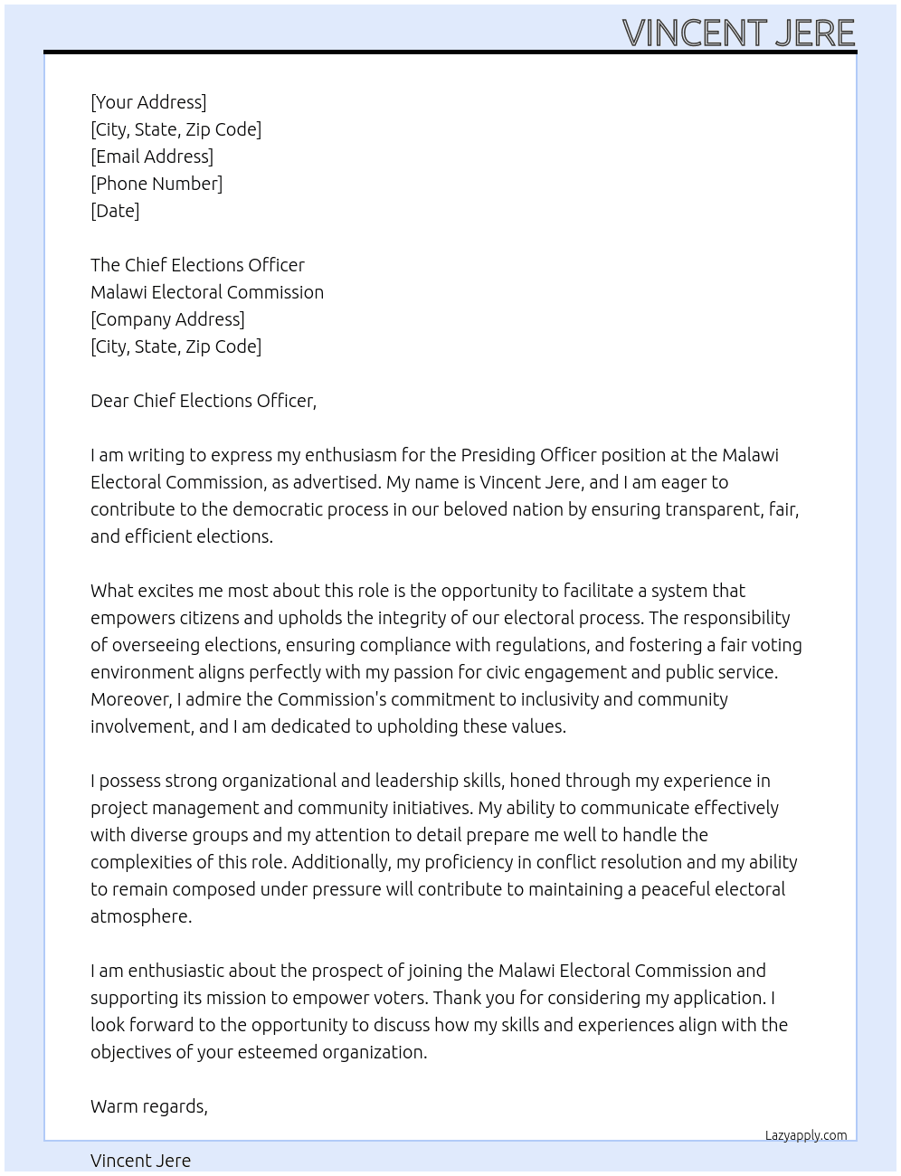 Presiding Officer At Malawi Electoral Commission Cover Letter