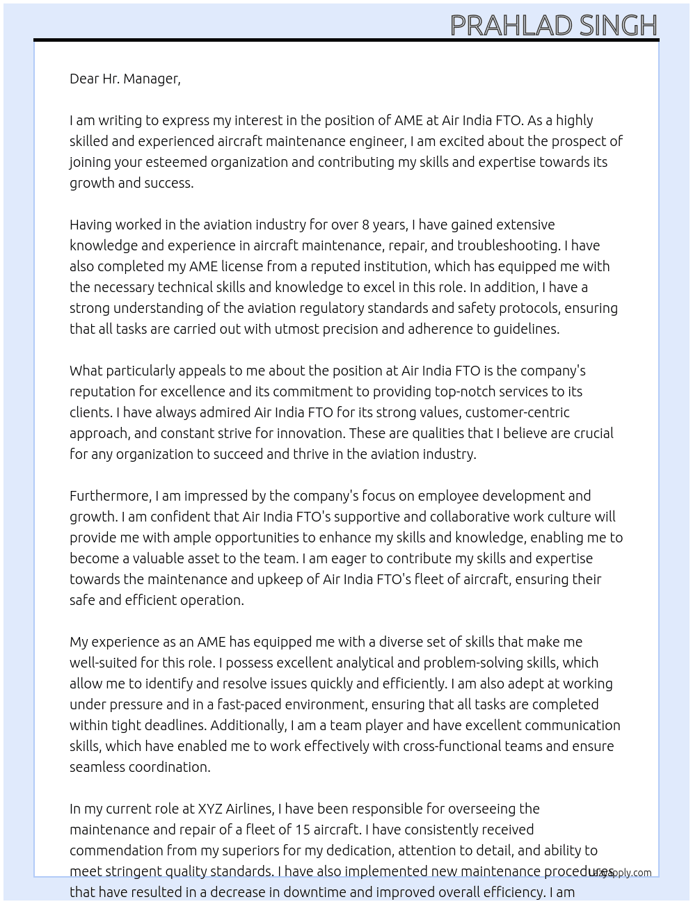 AME At AIR INDIA ,FTO Cover Letter