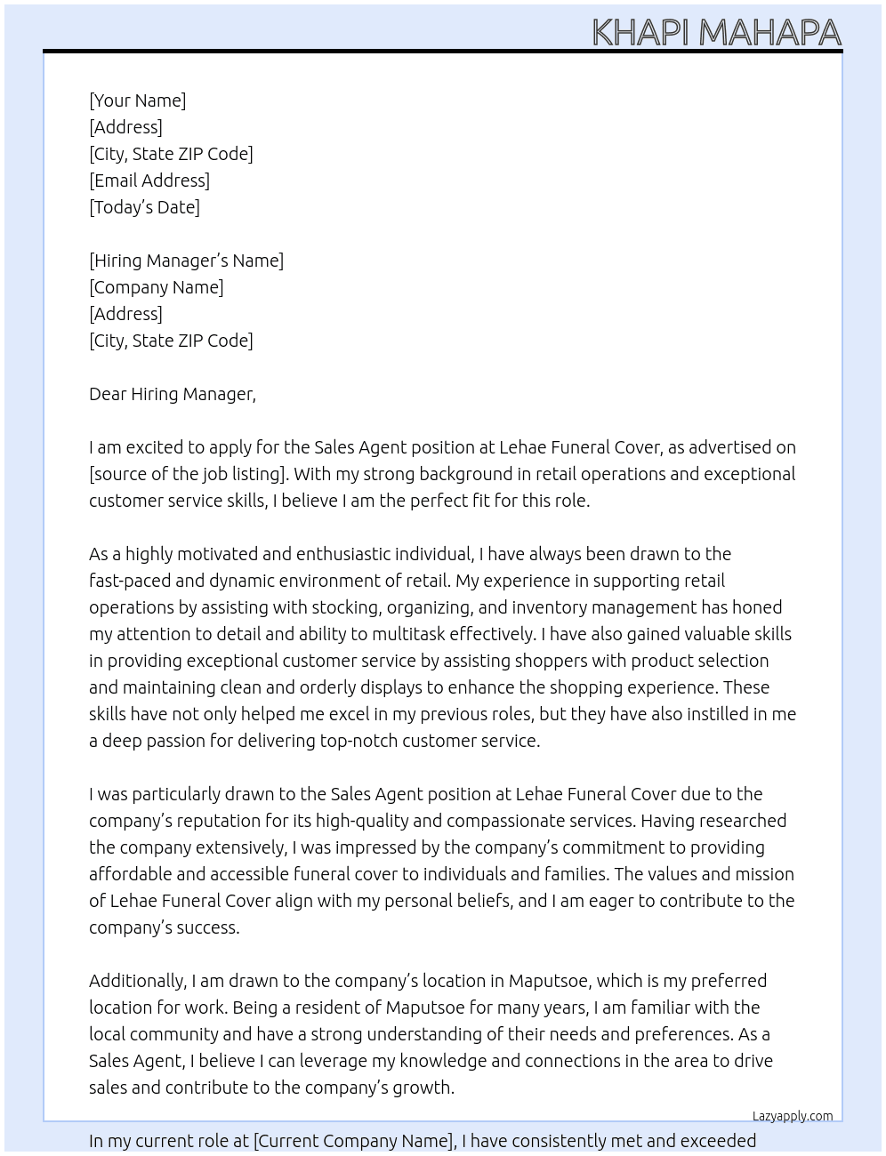 Sales Agent  At Lehae Funeral Cover Cover Letter
