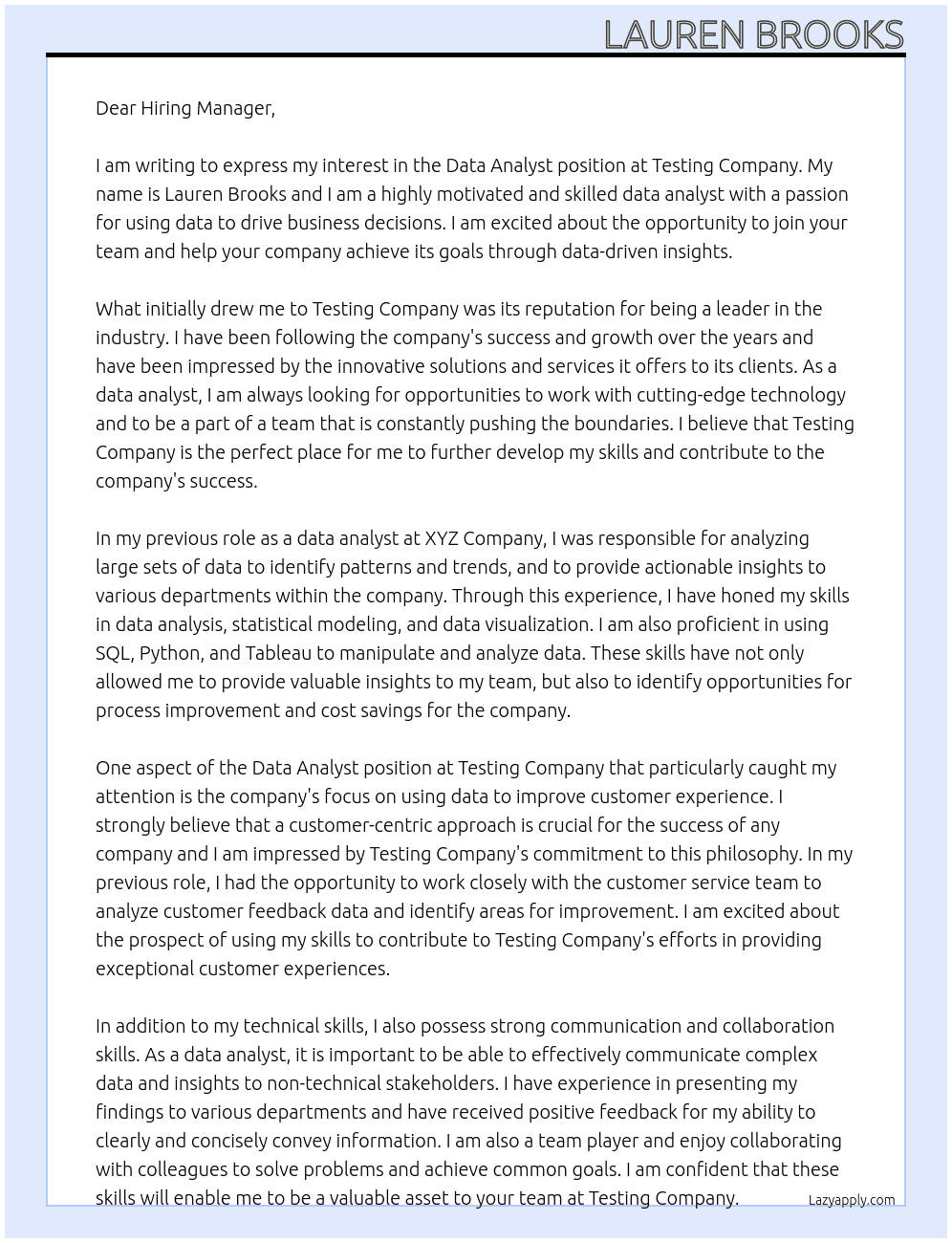 Data Analyst At Testing Company Cover Letter