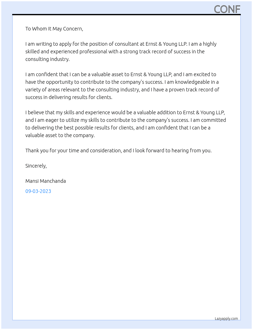 consultant  At Ernst & Young LLP Cover Letter