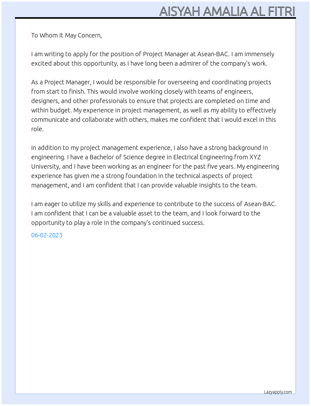 Project Management At Asean-BAC Cover Letter