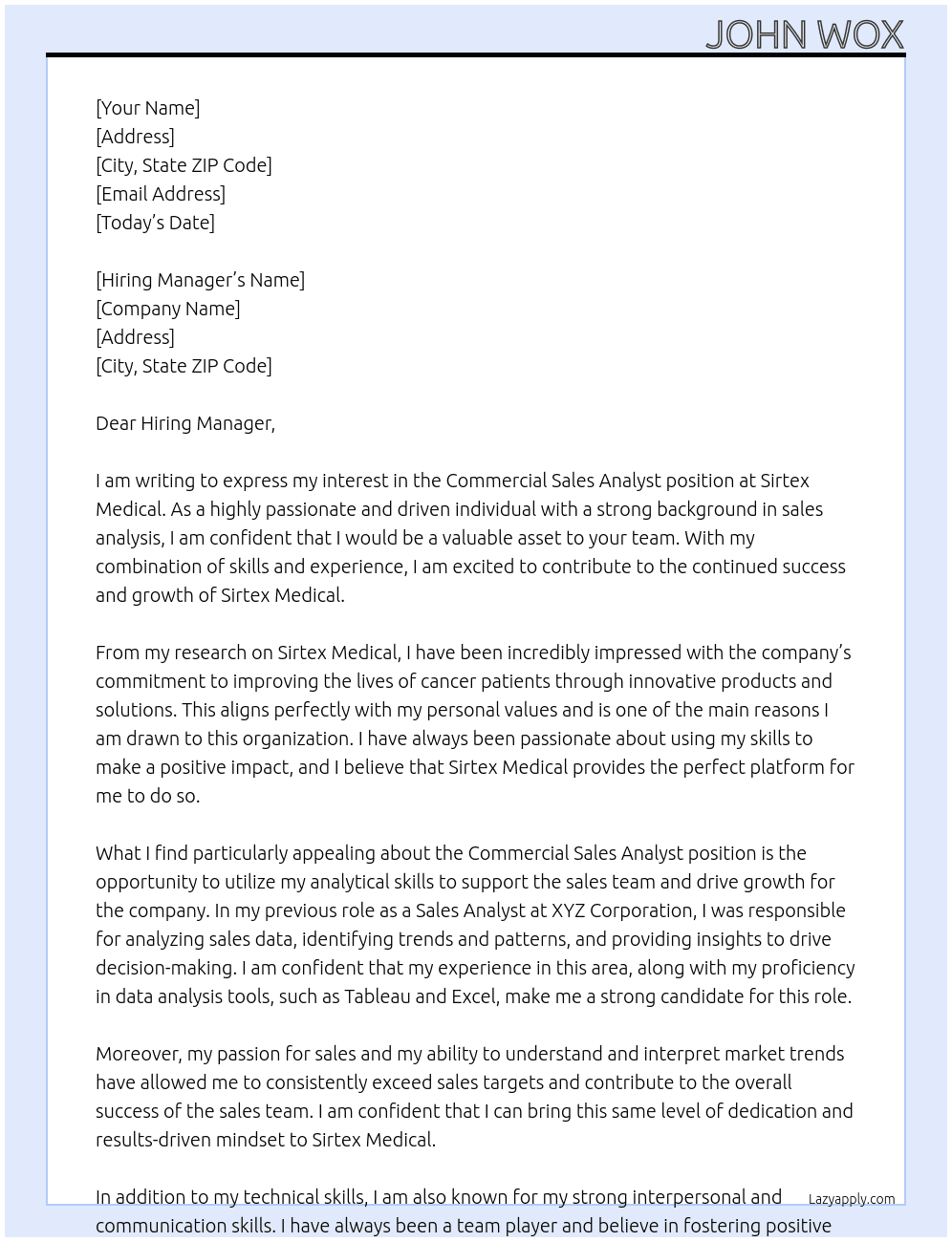 Commercial Sales Analyst At Sirtex Medical Cover Letter