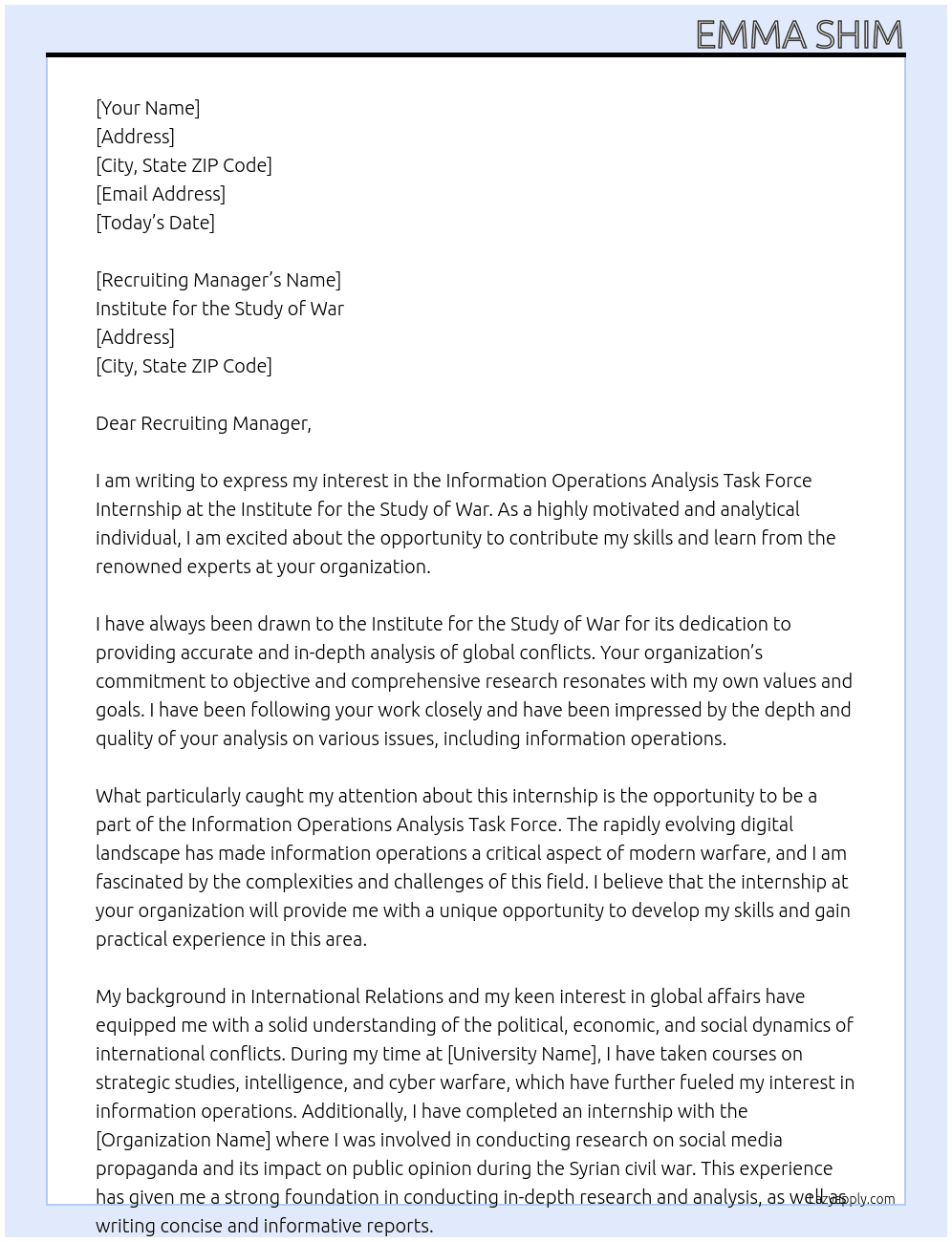 Information Operations Analysis Task Force Internship At Institute for the Study of War  Cover Letter