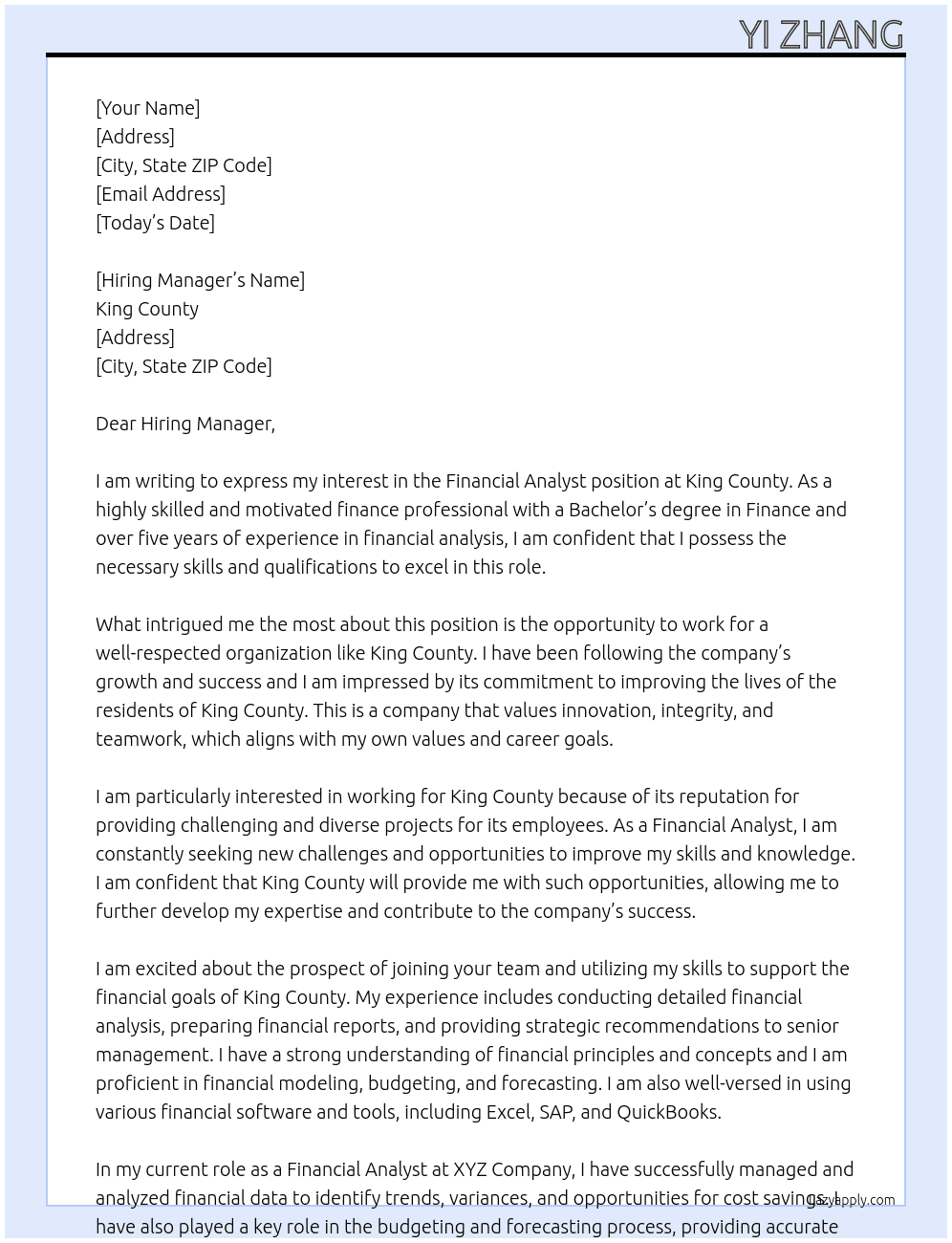 FINANCIAL ANALYST At King County Cover Letter
