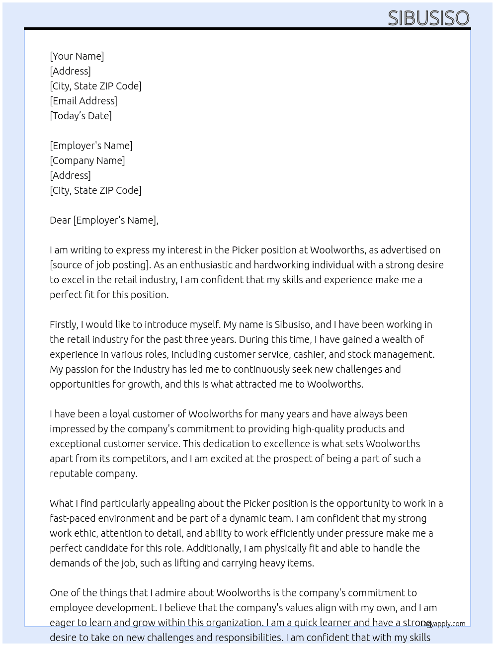 Picker At woolworths Cover Letter