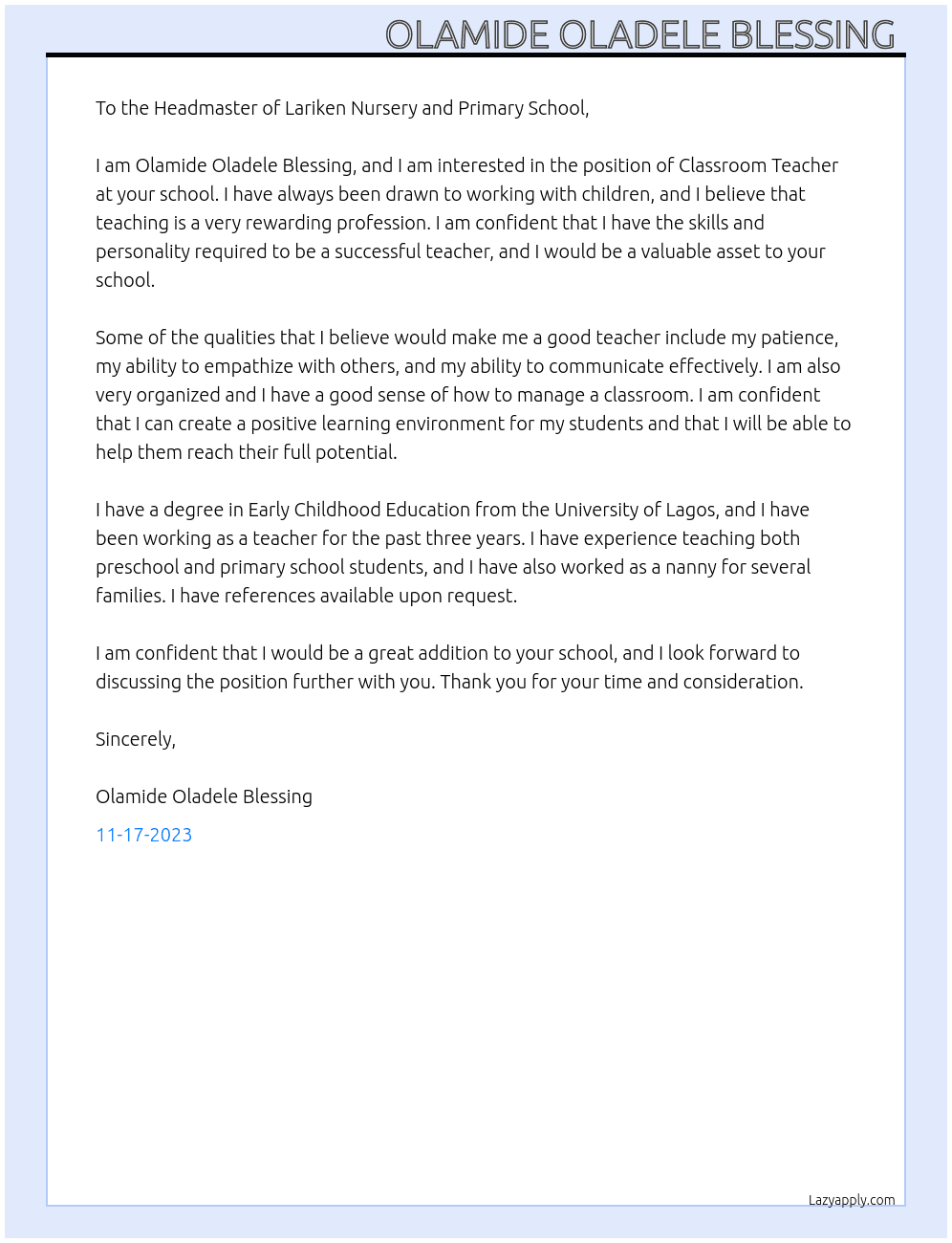 Classroom Teacher  At Lariken nursery and primary school  Cover Letter