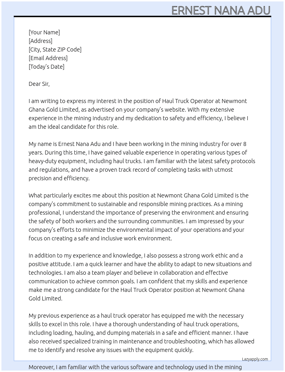 HUAL TRUCK OPERATOR  At NEWMONT GHANA GOLD LIMITED  Cover Letter