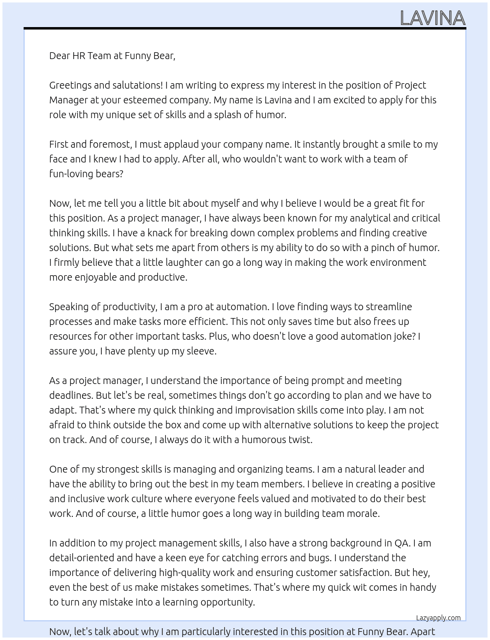 project manager At Funny bear Cover Letter