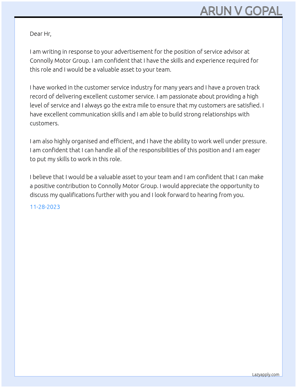 service asvisor At Connolly Motor Group Cover Letter