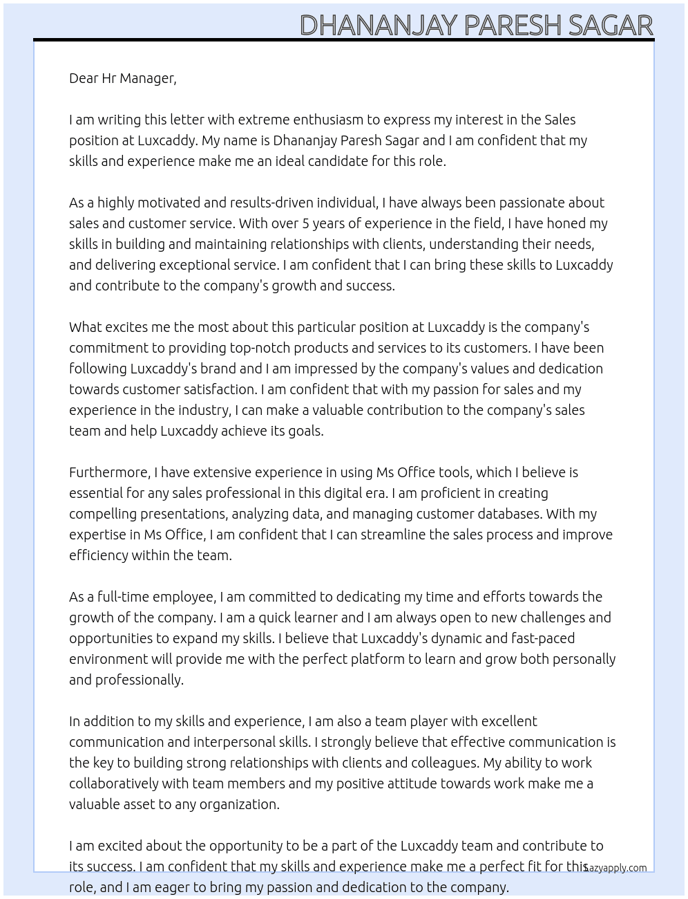 Sales  At Luxcaddy Cover Letter