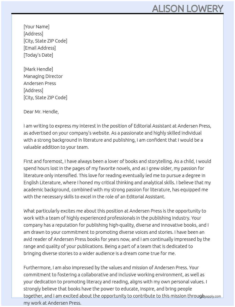 Editorial Assistant At Andersen Press Cover Letter