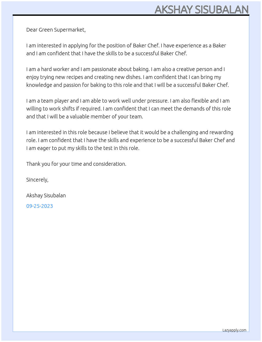 Baker Chef At Green Supermarket Cover Letter