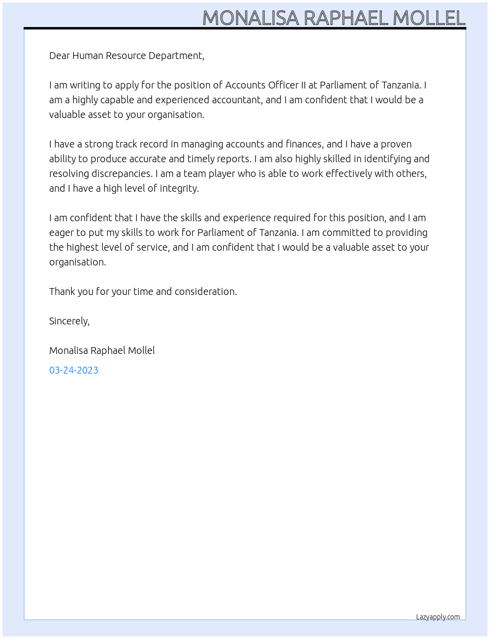 ACCOUNTS OFFICER II At Parliament of Tanzania Cover Letter