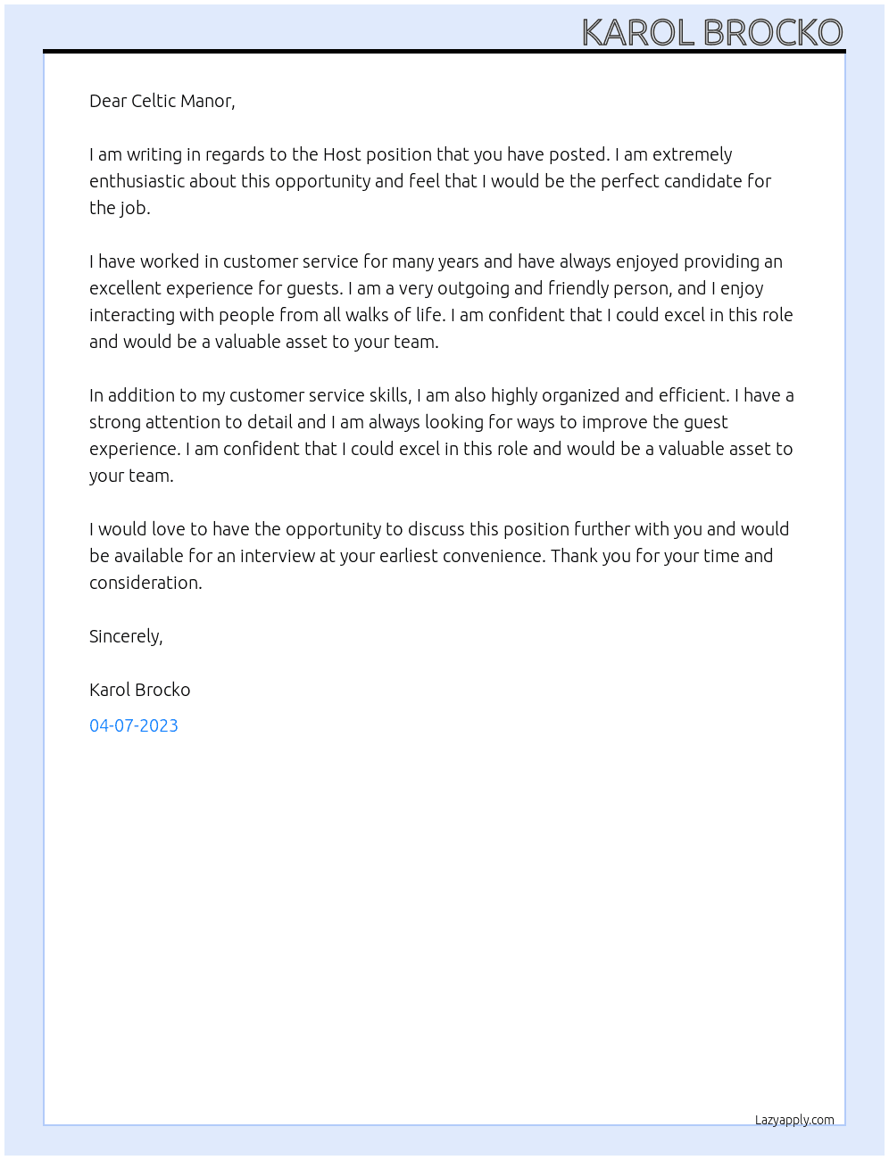 Host At Celtic Manor Cover Letter
