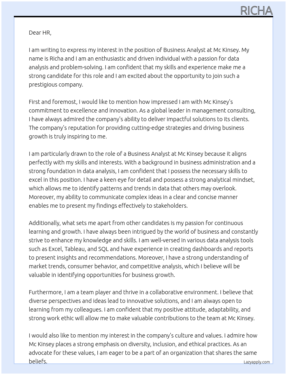 business analyst At mc kinsey Cover Letter