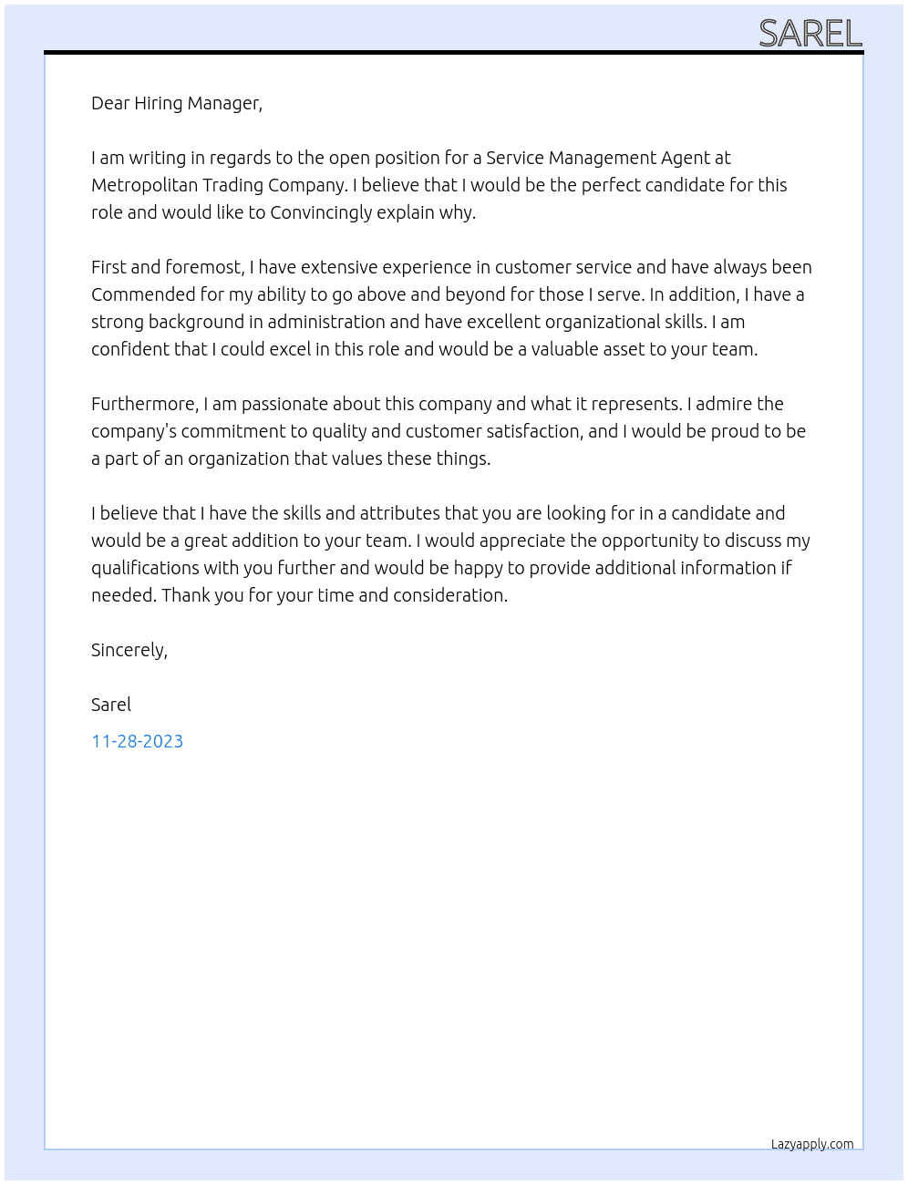 service management agent At Metropolitan Trading Company Cover Letter