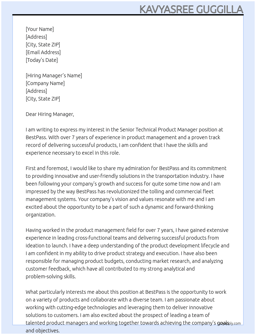 senior Technical product Manager  At BestPass Cover Letter