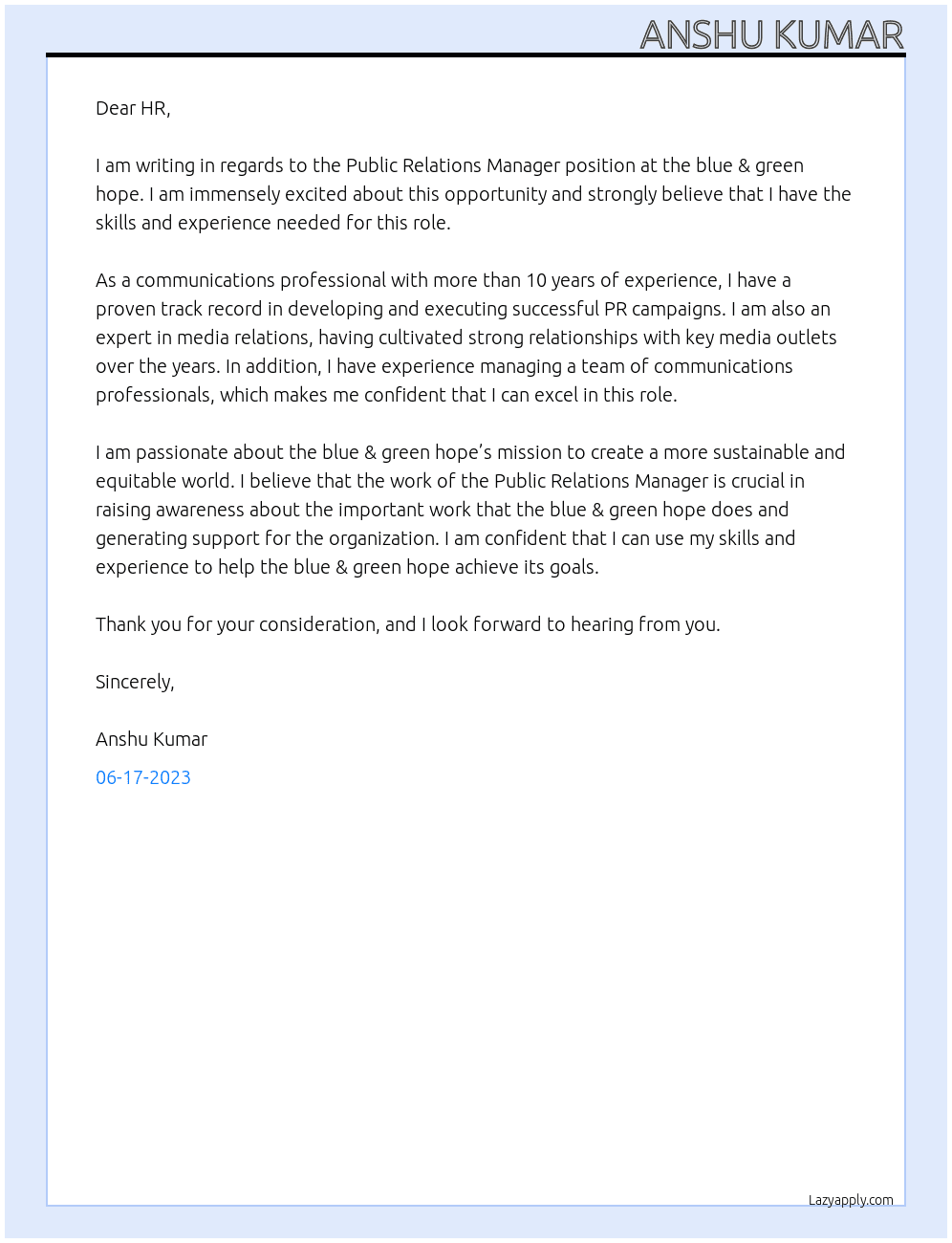 Public Relations Manager At the blue & green hope  Cover Letter