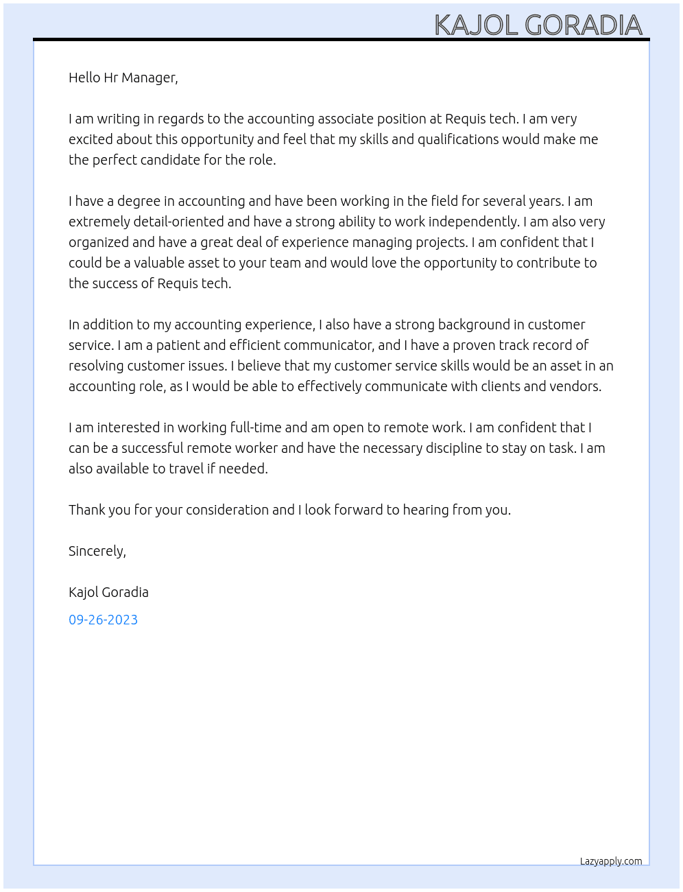 Accounting associate  At Requis tech Cover Letter