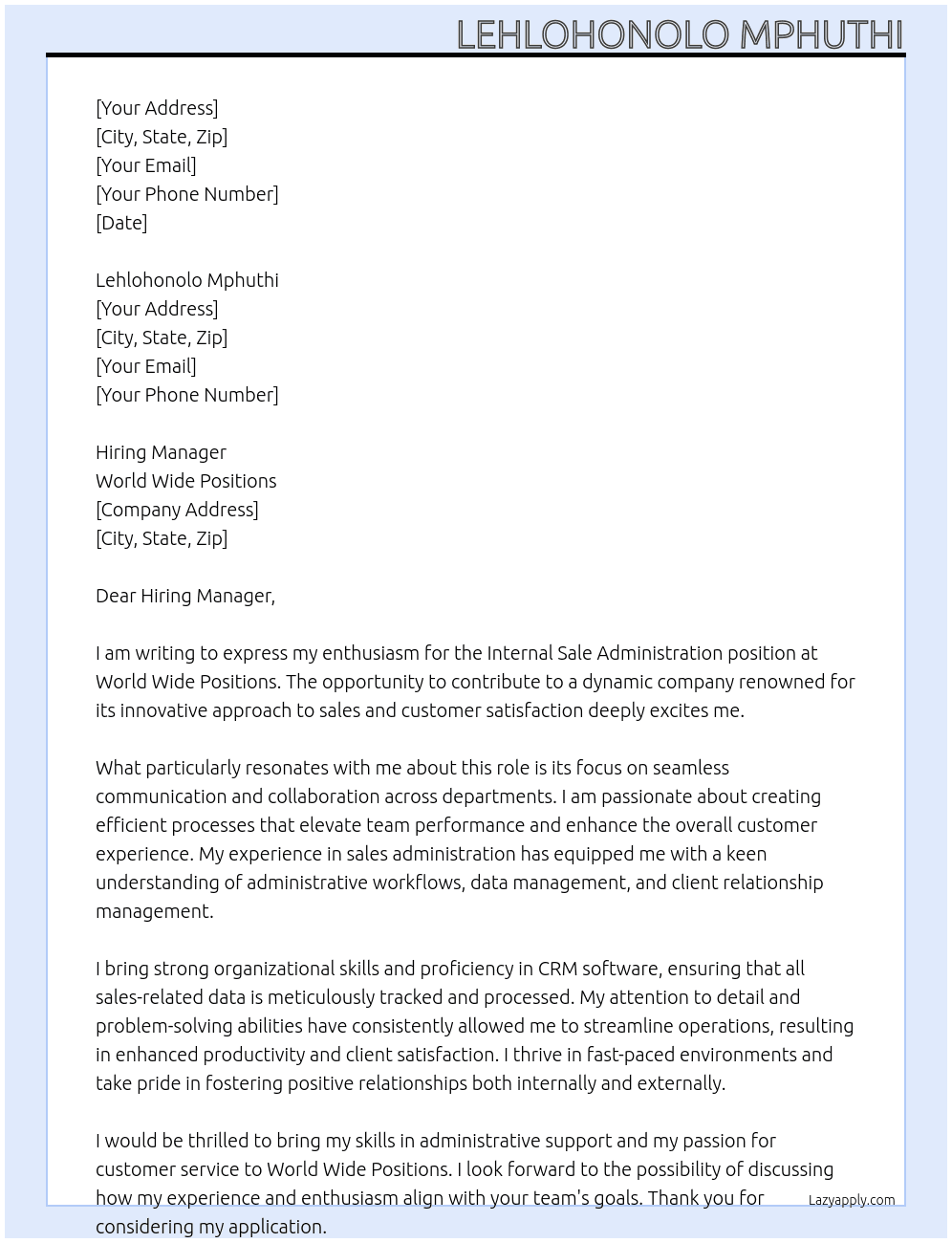 Cover letter for internal sale administration - LazyApply