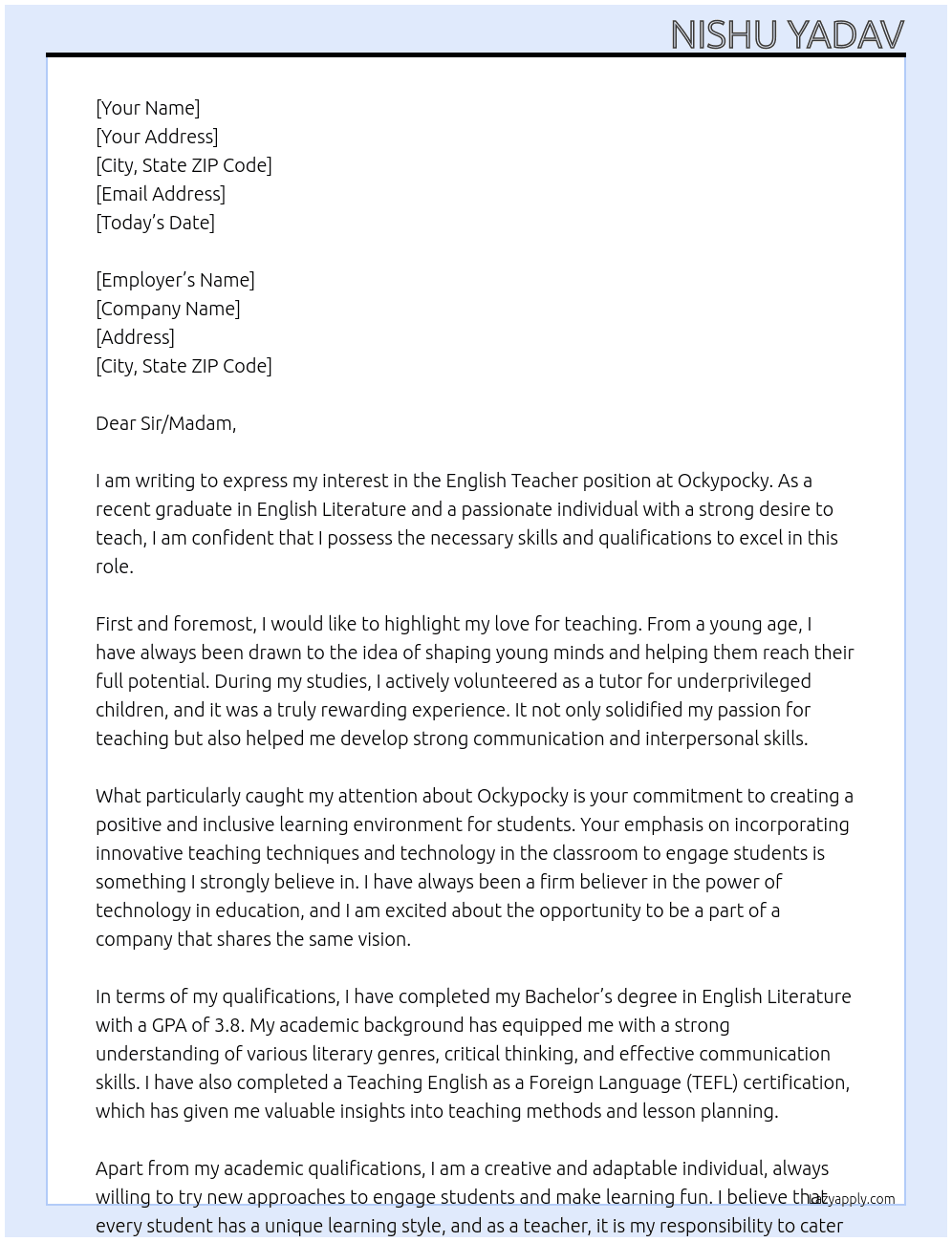 english teacher as fresher At ockypocky Cover Letter