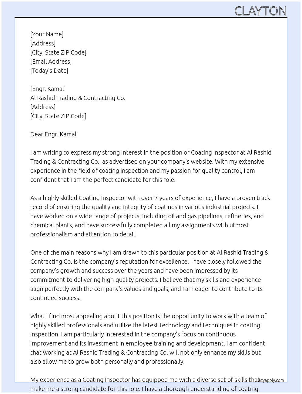 Coating Inspector At Al Rashid Trading & Contracting Co. Cover Letter