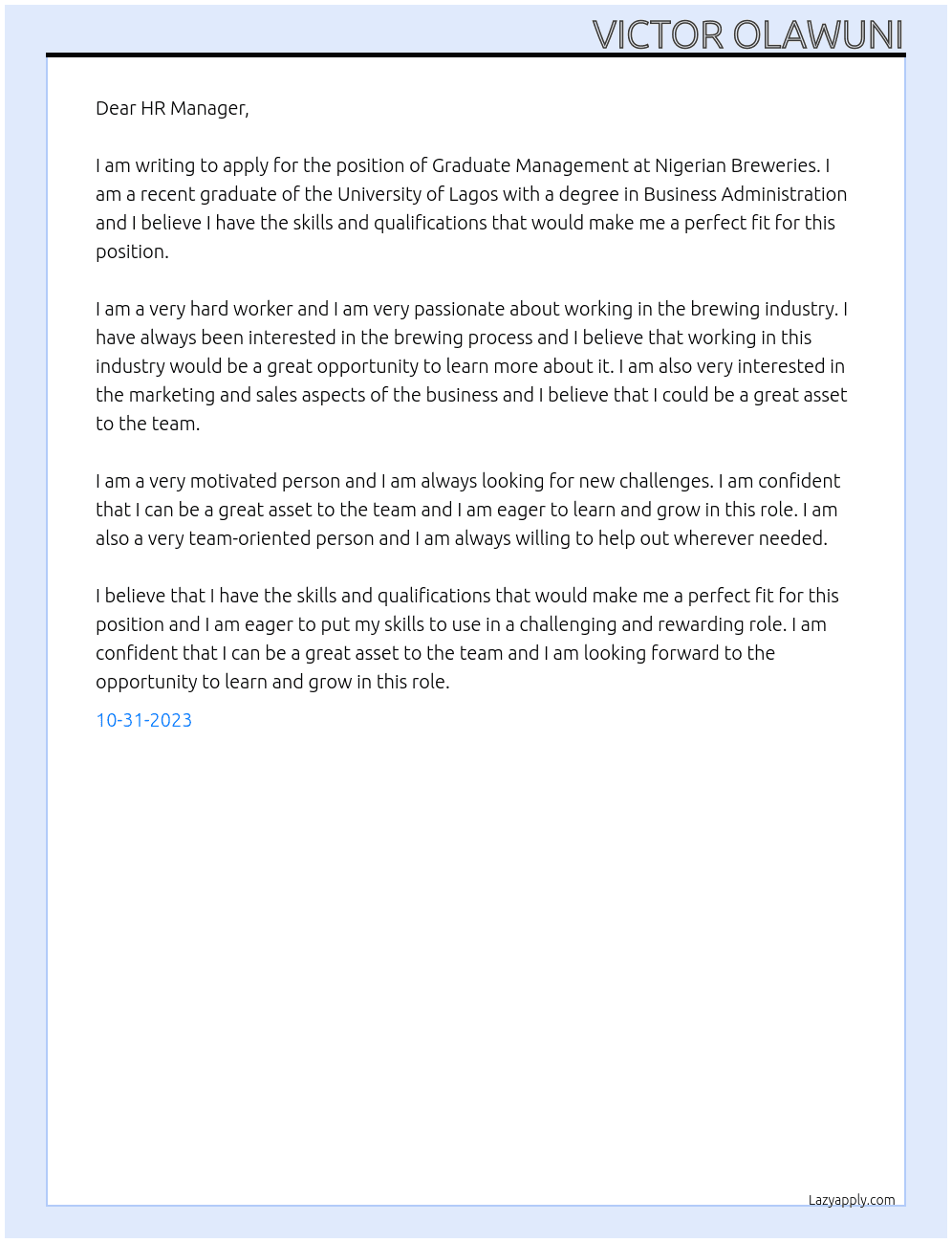 Graduate Management At Nigerian Breweries  Cover Letter