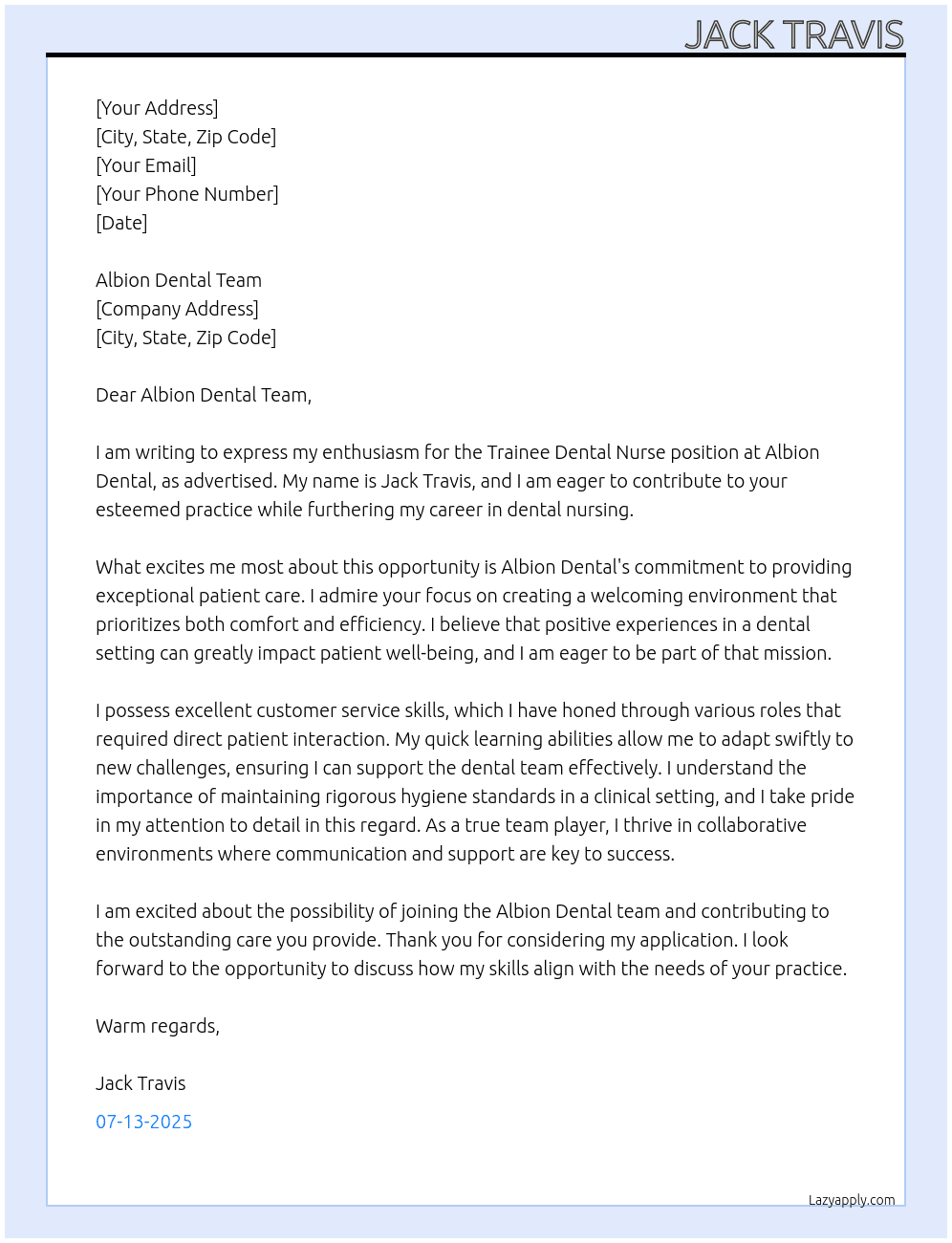 Trainee Dental Nurse At Albion Dental Cover Letter