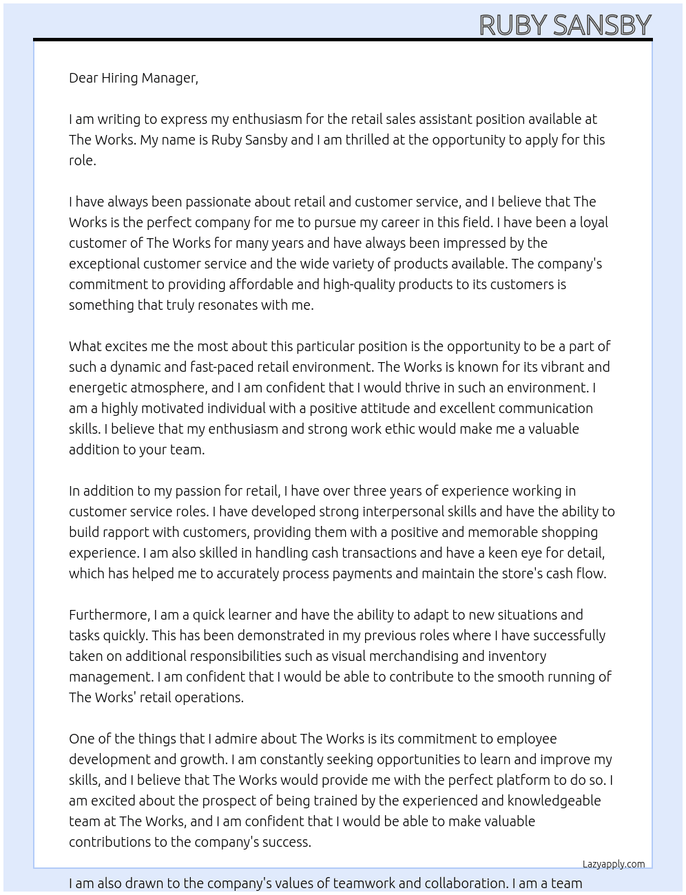 retail sales assistant  At The works  Cover Letter
