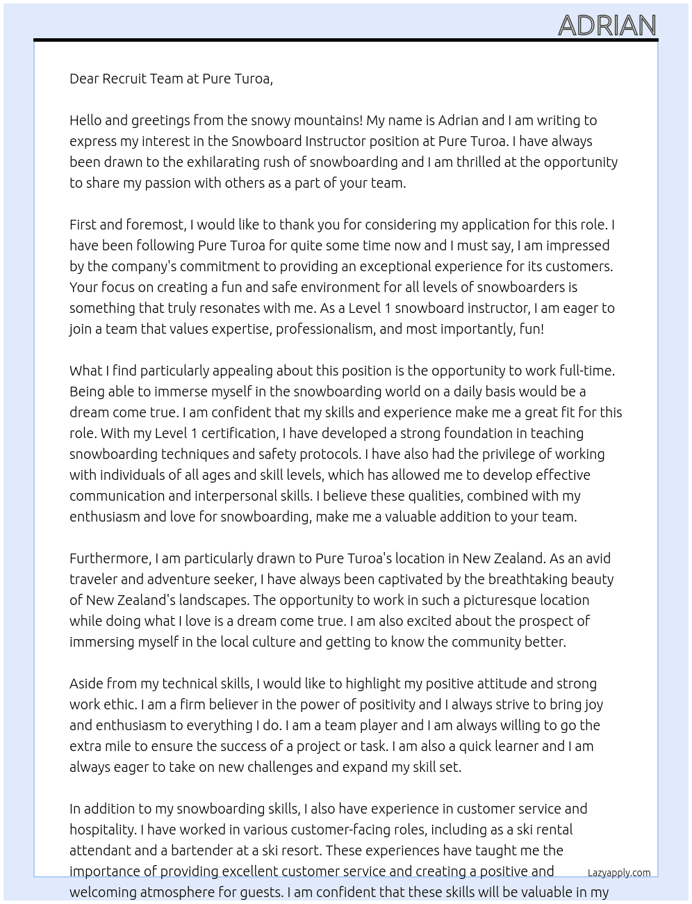 Snowboard instructor At Pure turoa Cover Letter