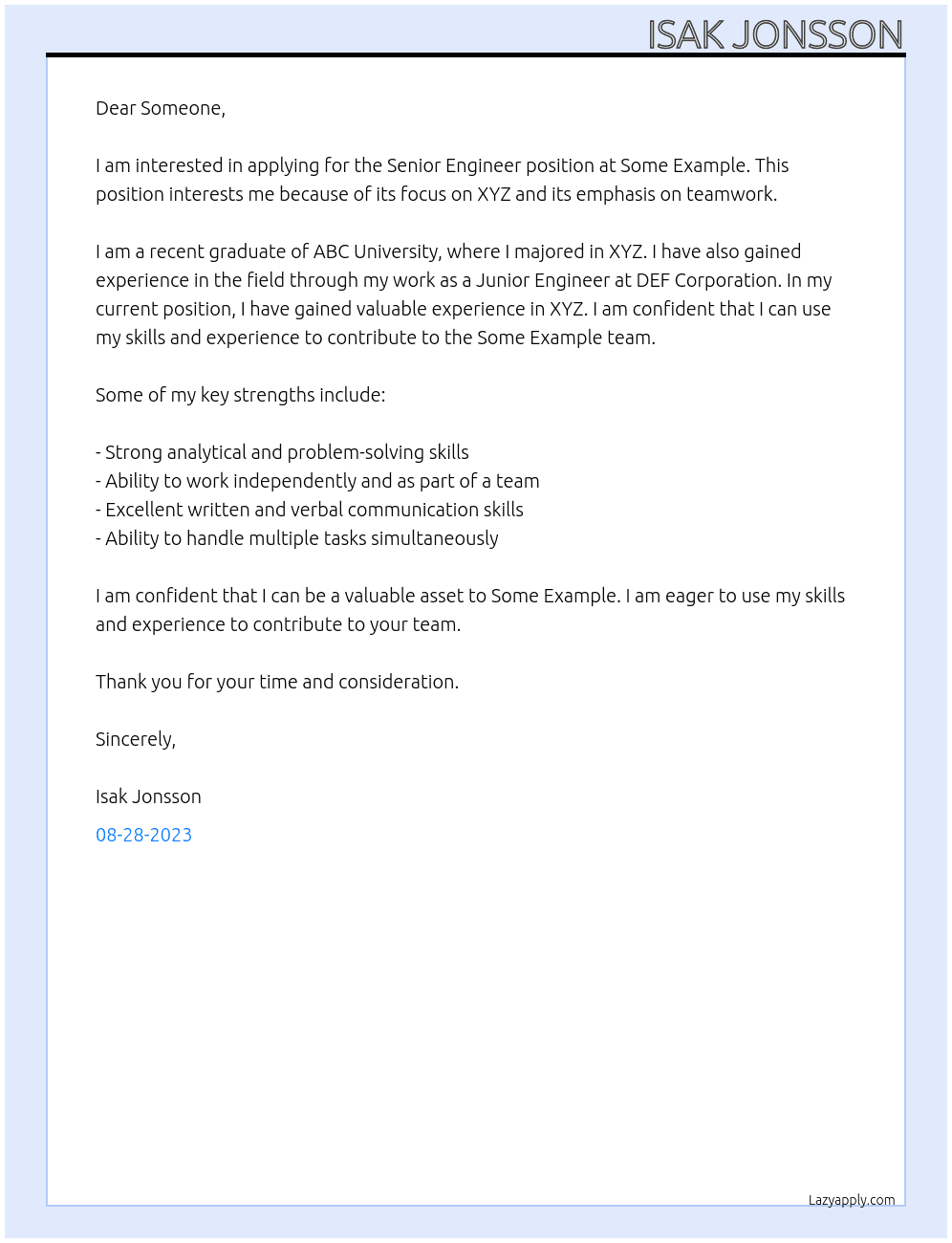 Senior Engineer At some exmaple Cover Letter