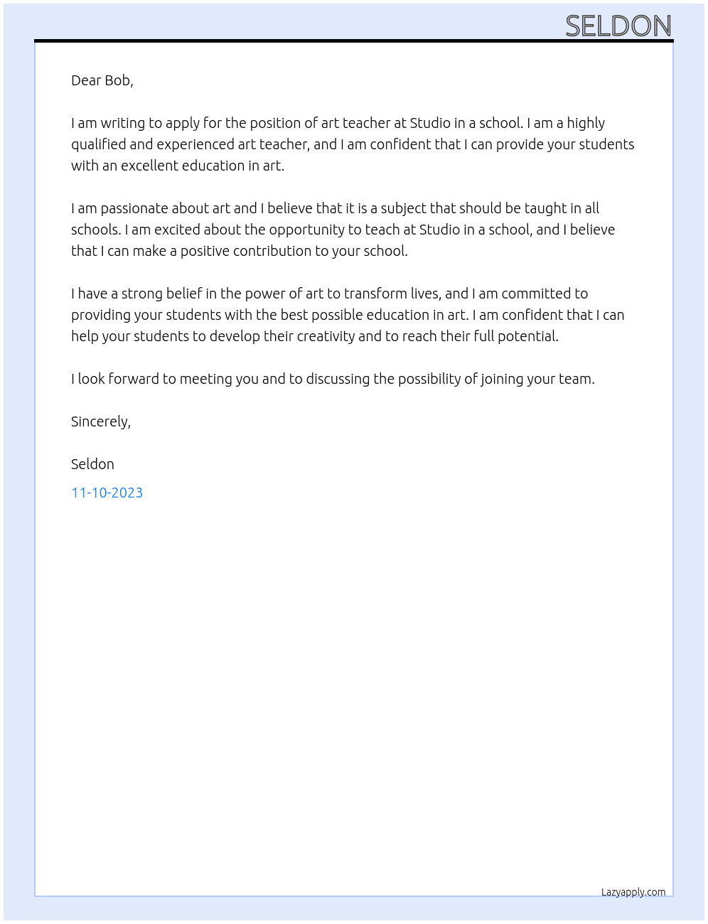 art teacher At Studio in a school Cover Letter