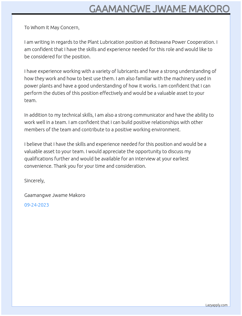 Plant lubrication  At Botswana power cooperation  Cover Letter