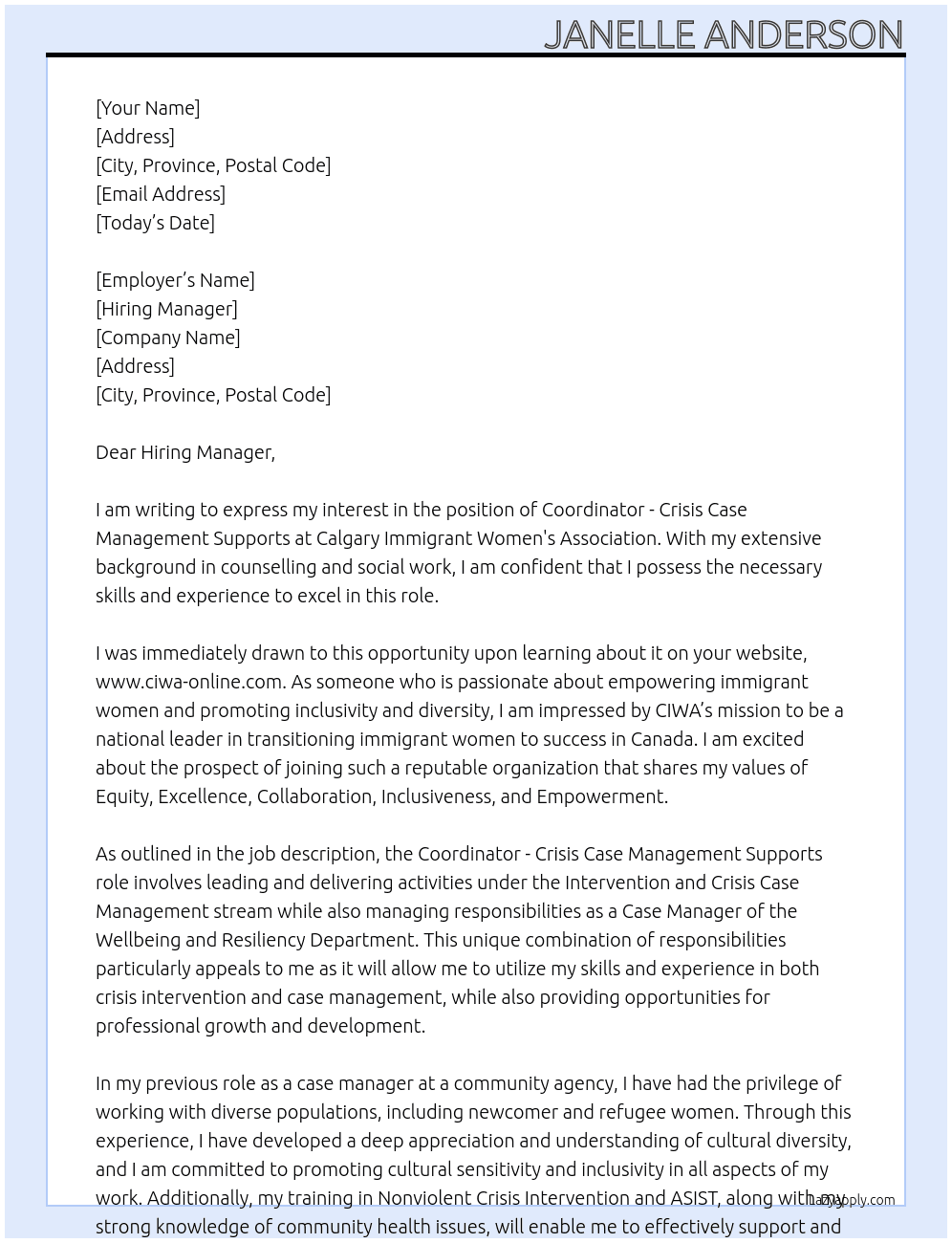 Crisis Case Manement Supports At Calgary Immigrant Women's Association Cover Letter