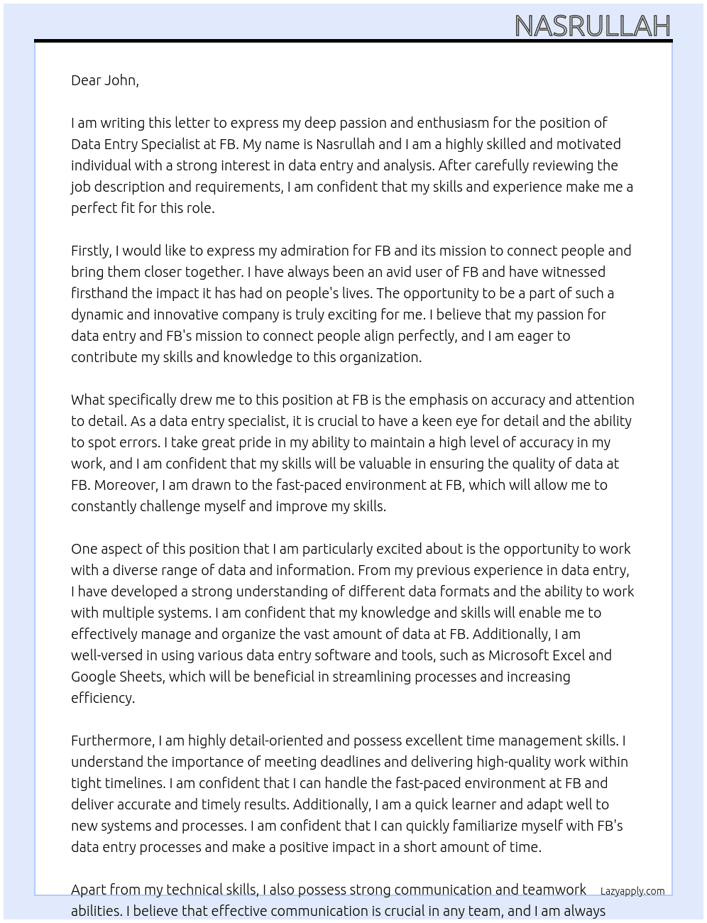 data entry specialist At fb Cover Letter