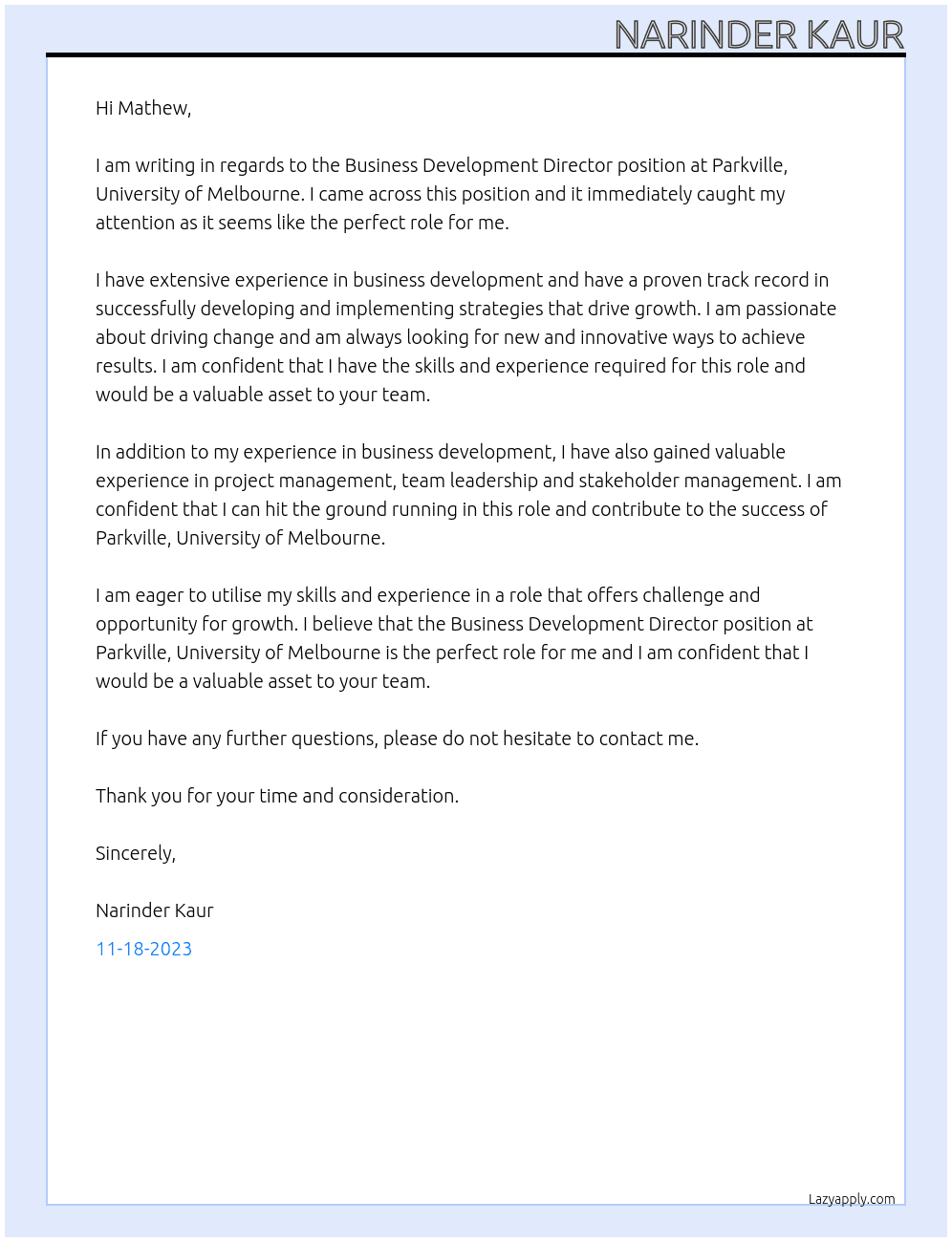 Business deveopment director At Parkville, University of Melbourne Cover Letter